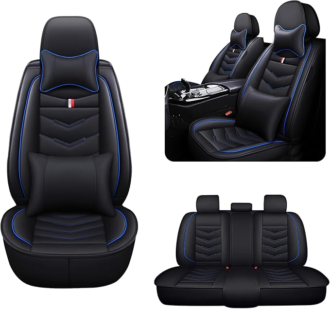 MVRVMV Seat Covers for Ford Expedition 2007-2026, Waterproof Leather Auto Seat Cover with 2* Neck Pillow and 2* Lumbar Support (5 Seat Luxury,Black-Blue)