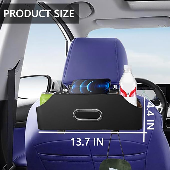 AUCELI Car Seat Back Organizer with Cup Holder and Tissue Box, Headrest Hanging Storage Box with Hooks and Phone Holder, Multi-Function Travel Tray for Kids, Road Trip Car Accessories