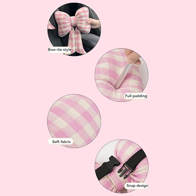 Car Accessories Plaid Bow Headrest Lumbar Pillow 4PCs Set Cotton Linen Elegant Soft Car Seat Cushions for Daily Commuting Trave (Blue Plaid,Headrest 2pcs)
