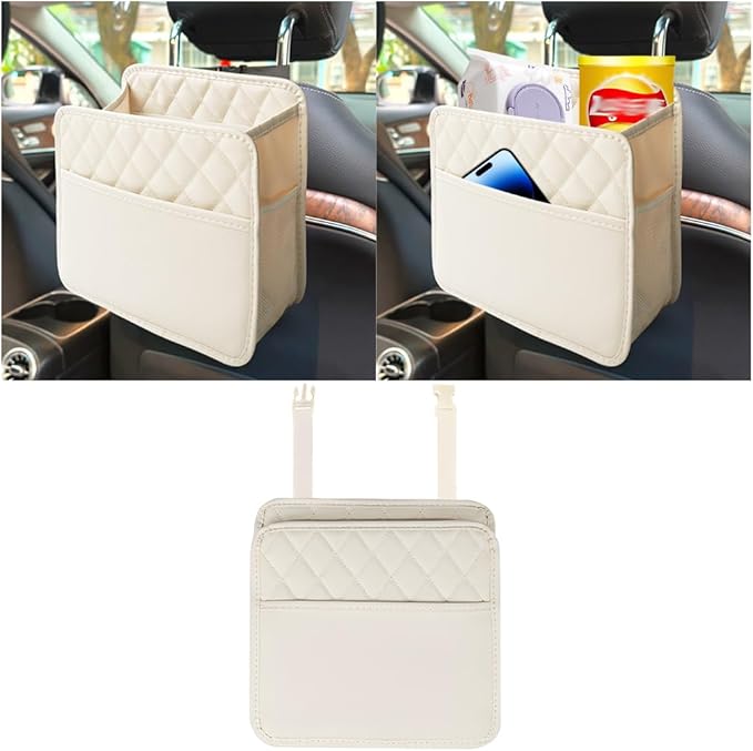 Mandark Car Seat Back Organizer, PU Leather Automotive Backseat Hanging Storage Pocket, Multipurpose Vehicle Travel Essentials Accessories for Kids & Adults, Universal for Most Cars (Beige)