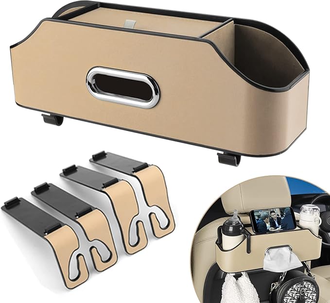 HALOYIVGO Car Seat Back Organizer - Stylish & Functional Storage for Family Adventures - Cup Holders, Tissue Box & Hooks - Perfect for Kids, Road Trips & Travel (Beige)