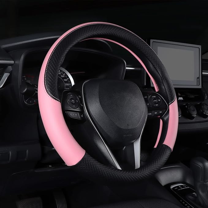 Auto Car Leather Steering Wheel Cover Anti Slip Wrap 15" (Pink)