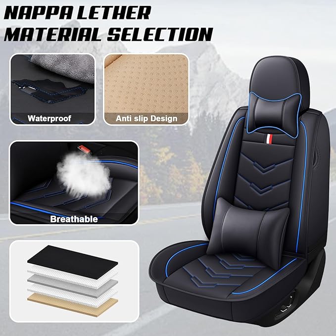 MVRVMV Seat Covers for Ford Mustang 2006-2026, Waterproof Leather Auto Seat Cover with 2* Neck Pillow and 2* Lumbar Support (2 Seat Luxury,Black-Blue)