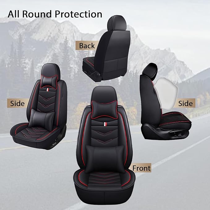 MVRVMV for Ford F-250 2010-2026 Seat Covers, Waterproof Leather Seat Cover with 2* Neck Pillow and 2* Lumbar Support (5 Seat Luxury,Black-Red)