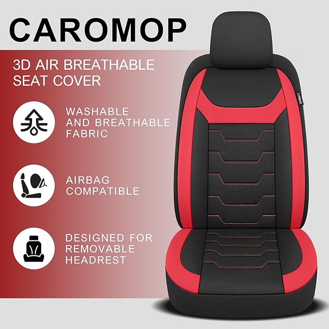 CAROMOP Breathable Car Seat Cover 2 Front Seats, 3D Air Mesh Cloth Seat Covers for Cars, Universal Fit Automotive Car Interior Covers for SUV Vans Sedans Trucks (Black/Red)