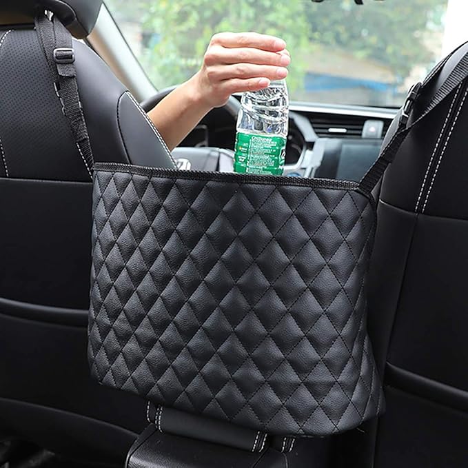 Car Purse Holder - Durable Leather Seat Back Organizer, Front Seat Storage Barrier, Pet & Kids Driver Storage Netting Pouch