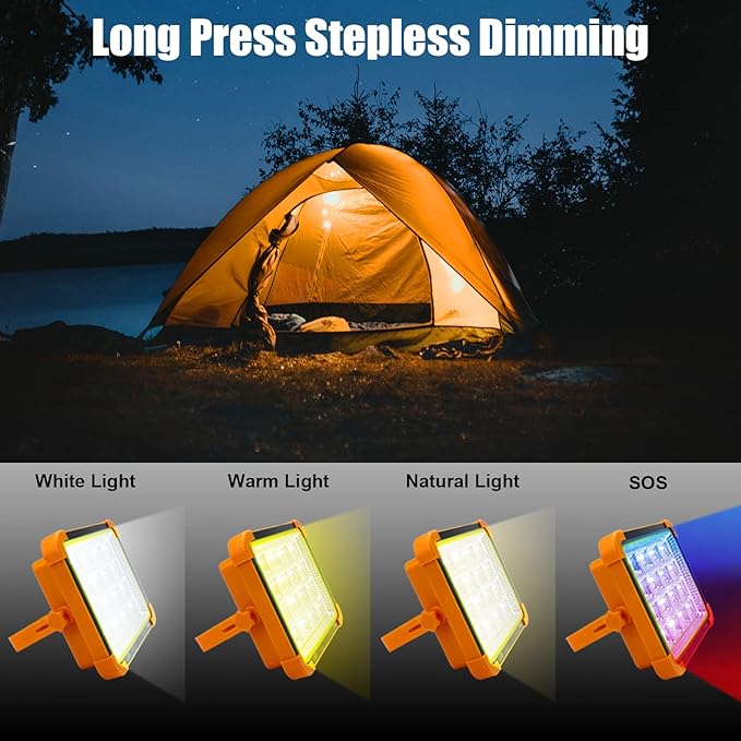 Solar Portable Camping Light with Stand, 100W 12000mAh Battery Rechargeable Light with 4 Modes, LED Cordless Flood Lights for Work, Emergency Power Failure, Car Repair