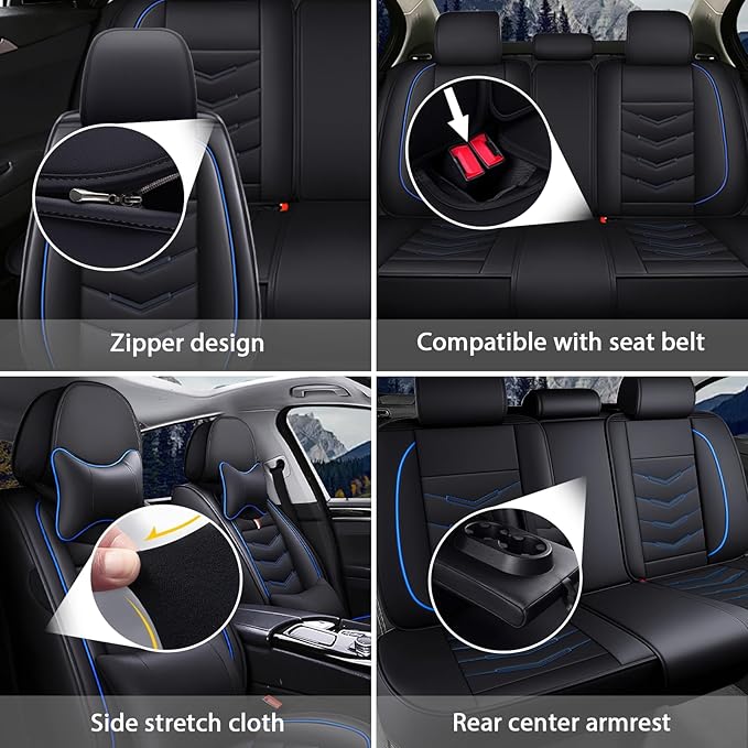 MVRVMV Luxury Car Seat Covers for Ford Explorer 2012-2026, Nappa Leather Auto Seat Cover with 2 Neck Pillows and 2 Lumbar Supports (2 Seat Luxury, Black-Blue)