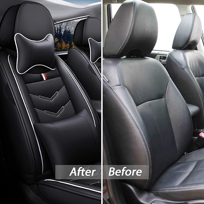MVRVMV Car Seat Covers for Ford Explorer 2012-2026, Waterproof & Wear-Resistant Front and Rear Seat Protectors with 2* Neck Pillow and 2* Lumbar Support (7 Seat Luxury, Black-White