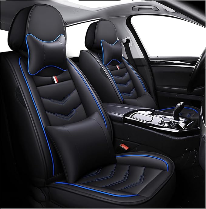 MVRVMV Seat Covers for Ford Ranger 2005-2026, Waterproof Leather Auto Seat Cover with 2* Neck Pillow and 2* Lumbar Support (2 Seat Luxury,Black-Blue)