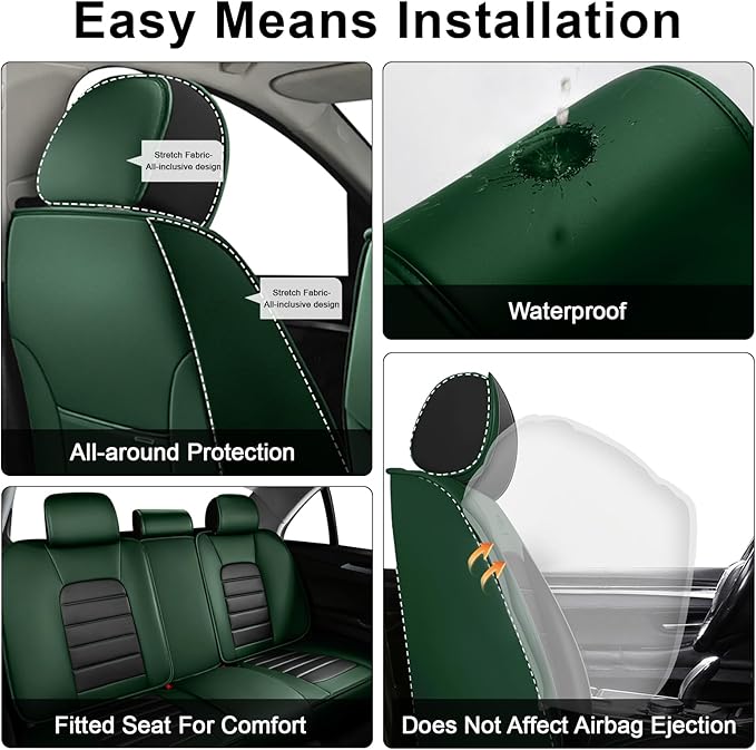 AREKA 5 Car Seat Covers for Honda Accord 2003-2026 Breathable Leather,Waterproof Car Seat Protectors with Comfort Headrest Pillows,Automotive Vehicle Cushion with Storage Pockets (Luxury,Green)