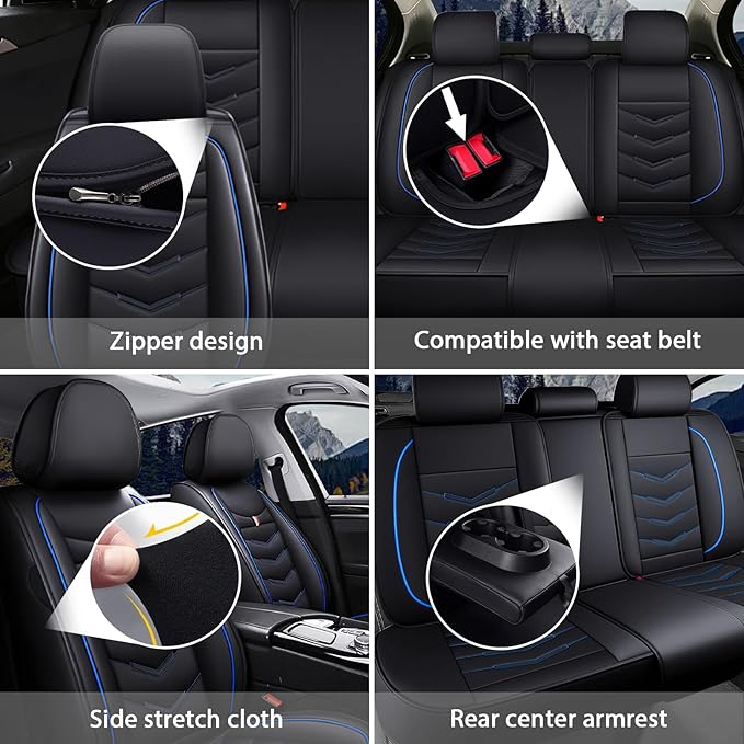 MVRVMV Seat Covers for Ford Bronco 2021-2026, Waterproof Leather Auto Seat Cover (5 Seat Standard,Black-Blue)