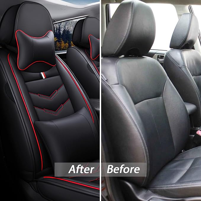 MVRVMV for Ford Expedition 2007-2026 Seat Covers, Waterproof Leather Seat Cover with 2* Neck Pillow and 2* Lumbar Support (5 Seat Luxury,Black-Red)