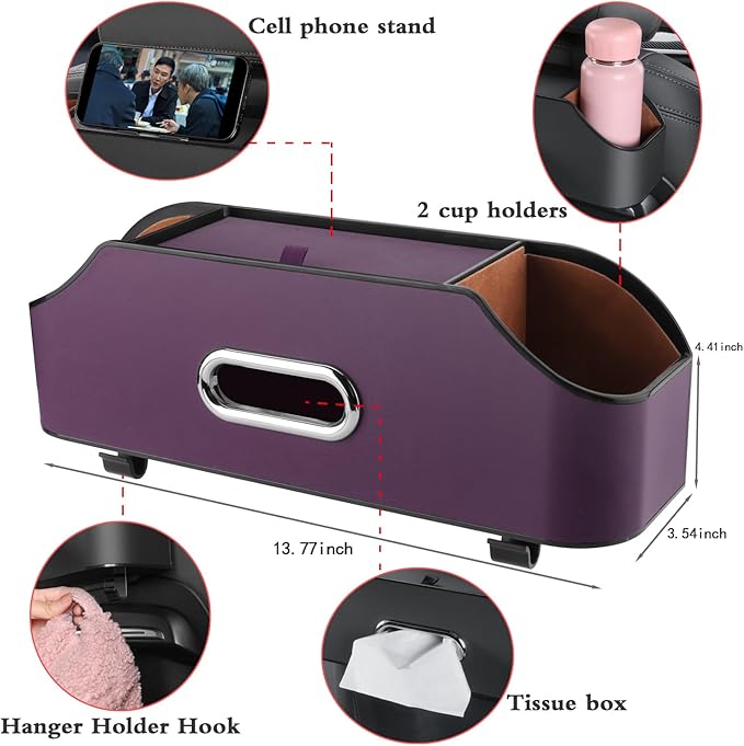 Car Seat Back Organizer - Stylish & Functional Storage for Family Adventures - Cup Holders, Tissue Box & Hooks - Perfect for Kids, Road Trips & Travel (Purple)