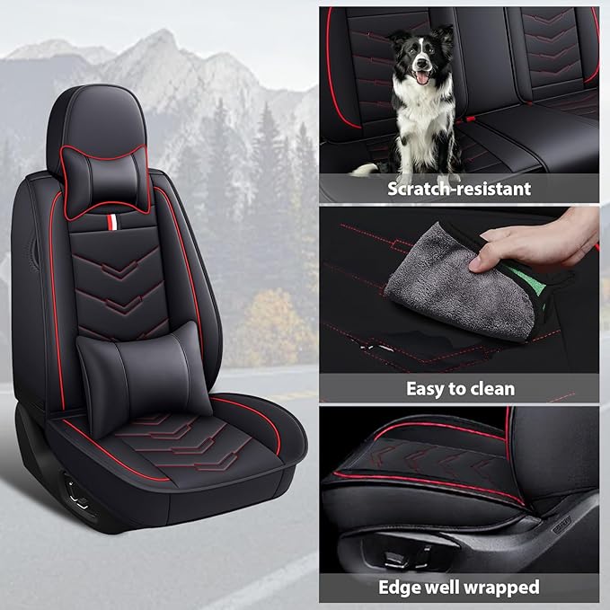 MVRVMV Luxury Car Seat Covers for Ford Explorer 2012-2026, Nappa Leather Auto Seat Cover with 2 Neck Pillows and 2 Lumbar Supports (2 Seat Luxury, Black-Red)