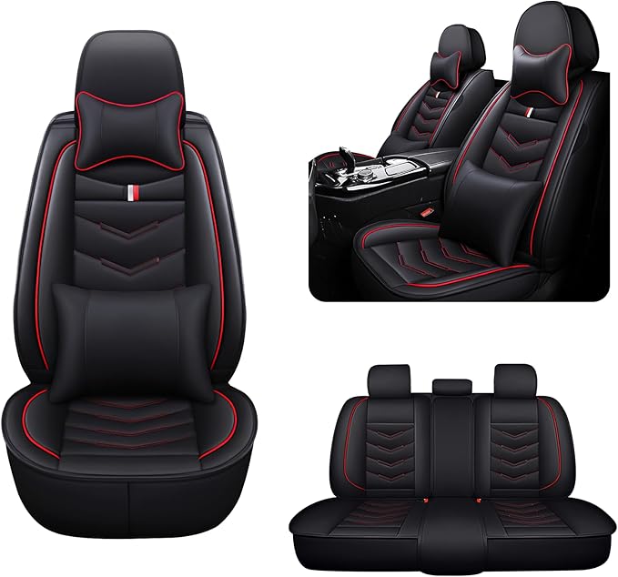 MVRVMV for Ford Bronco Sport 2021-2026 Seat Covers, Waterproof Leather Seat Cover with 2* Neck Pillow and 2* Lumbar Support (5 Seat Luxury,Black-Red)