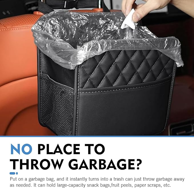 Car Seat Back Organizer, Large Capacity Leather Multi-functional Double Storage Bag with Side Mesh Pocket, Waterproof Strap-On Rear Seat Hanging Bag, Universal for Most Cars (Black)
