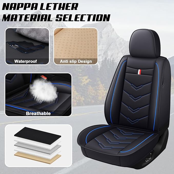 MVRVMV Seat Covers for Ford Ranger 2005-2026, Waterproof Leather Auto Seat Cover (2 Seat Standard,Black-Blue)