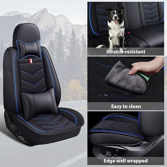 MVRVMV Seat Covers for Ford Escape 2005-2026, Waterproof Leather Auto Seat Cover with 2* Neck Pillow and 2* Lumbar Support (5 Seat Luxury,Black-Blue)