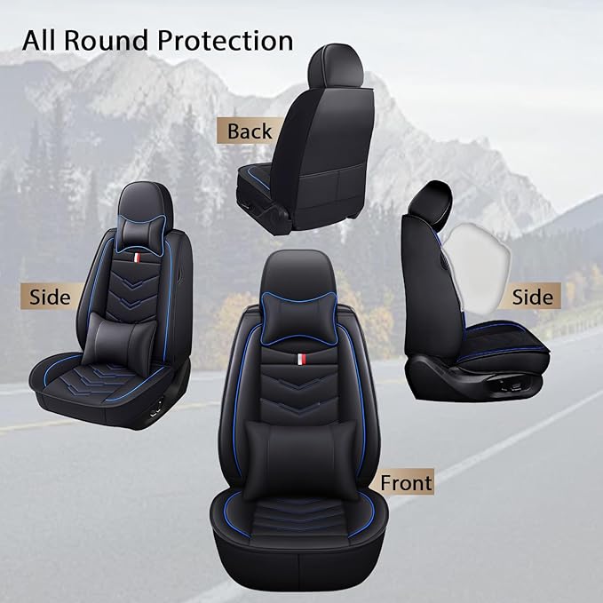MVRVMV Seat Covers for Ford F-350 2010-2026, Waterproof Leather Auto Seat Cover with 2* Neck Pillow and 2* Lumbar Support (5 Seat Luxury,Black-Blue)