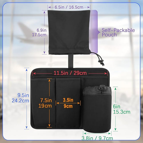Airplane Seat Back Organizer, Flight Travel Organizer with 3 Metal Clips for Seat Back, Foldable Seatback Hanging Pocket with Storage Bag for Tablet, Passport, Phone, Water Bottle