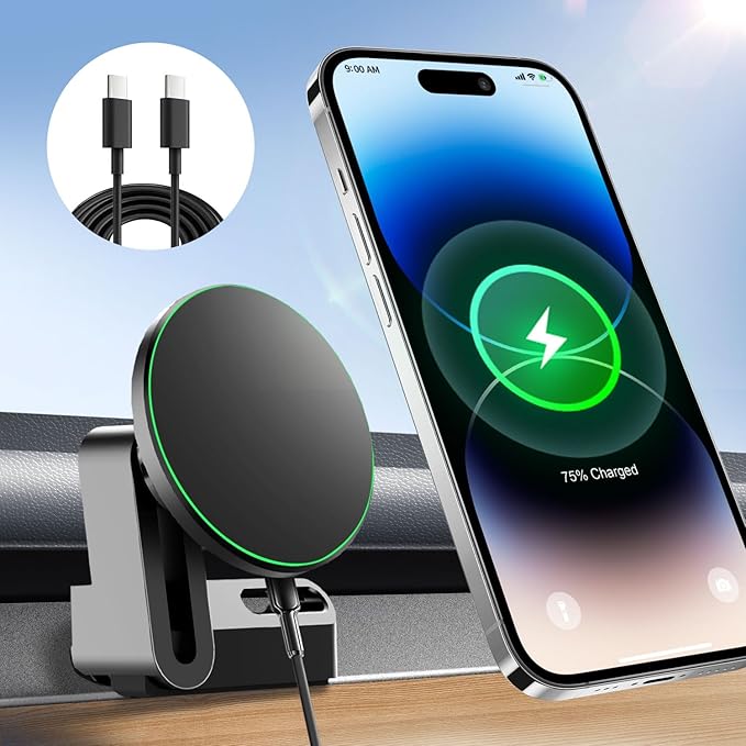 15W Wireless Fast Charging Phone Mount Holder for Tesla Model Y Model 3, Magnetic Phone Charger Compatible with iPhone 12 to 17 Series and Android, with 5ft C to C Cable (NOT fit Model 3 2024 2025)