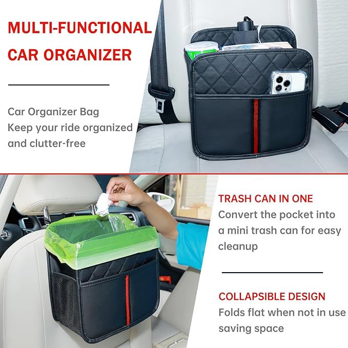 Car Seat Back Organizer with Storage Pockets, 2 Pack Multi Hanging Car Seat Organizer Backseat Car Organizer, Leather Backseat Car Organizer for Kids & Adults with Cup Holders Car Travel Accessories