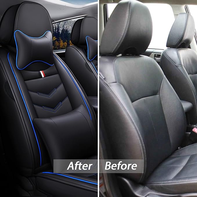 MVRVMV Seat Covers for Ford F-250 2010-2026, Waterproof Leather Auto Seat Cover with 2* Neck Pillow and 2* Lumbar Support (5 Seat Luxury,Black-Blue)