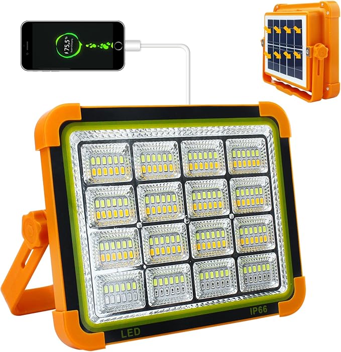 Solar Portable Camping Light with Stand, 100W 12000mAh Battery Rechargeable Light with 4 Modes, LED Cordless Flood Lights for Work, Emergency Power Failure, Car Repair