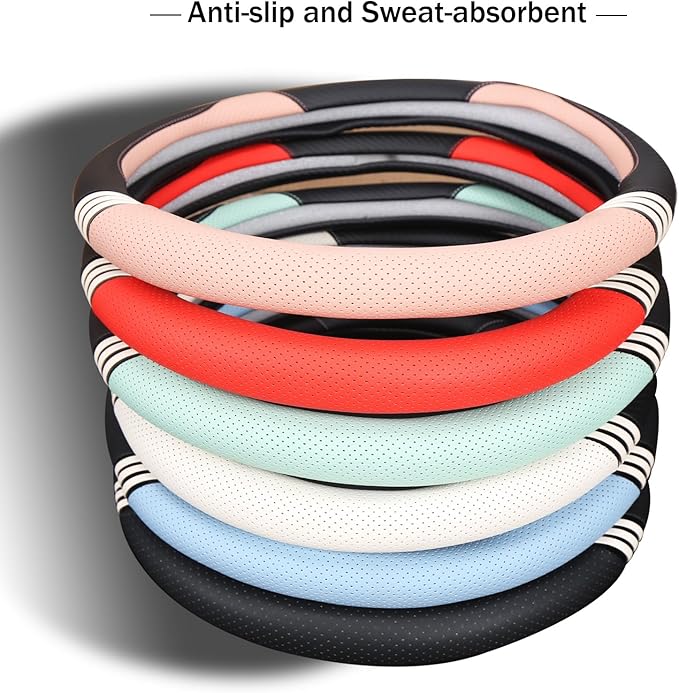 14 inch Cute D Shaped Steering Wheel Cover for Women Men Faux Leather and Carbon Fiber,Black and Pink