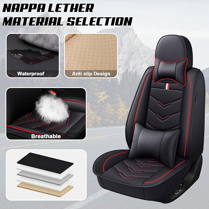 MVRVMV for Ford F-150 2010-2026 Seat Covers, Waterproof Leather Seat Cover with 2* Neck Pillow and 2* Lumbar Support (2 Seat Luxury,Black-Red)