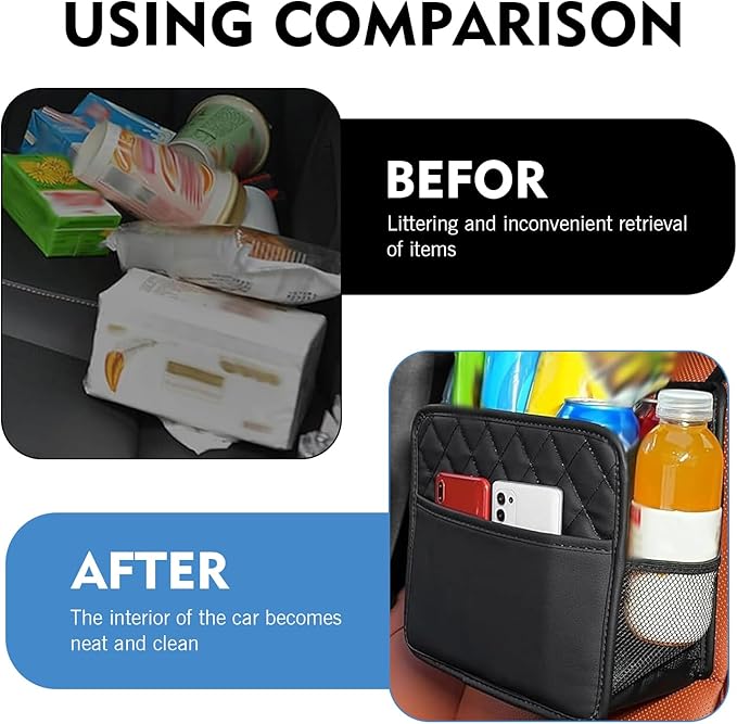Car Seat Back Organizer, Large Capacity Leather Multi-functional Double Storage Bag with Side Mesh Pocket, Waterproof Strap-On Rear Seat Hanging Bag, Universal for Most Cars (Black)
