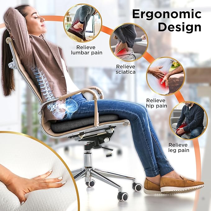 BLACK+DECKER Gel Seat Cushion – Gaming Chair & Office Chair Cushion with Cooling Memory Foam for Sciatica Pain Relief – Ergonomic Car, Desk, Airplane Travel Pillow, Washable Cover, Non-Slip