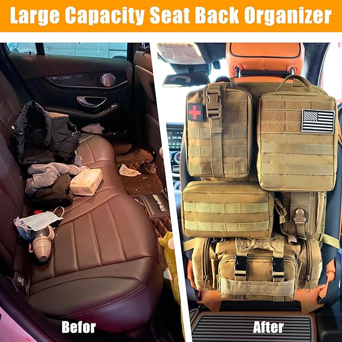 6 Pack Tactical MOLLE Car Seat Back Organizer - Universal Vehicle Storage Bag with 5 Detachable MOLLE Pouches, US Flag Patch, Fits Jeep, Truck, SUV, Car, Ford, Chevy, Toyota, Honda (KHAKI)